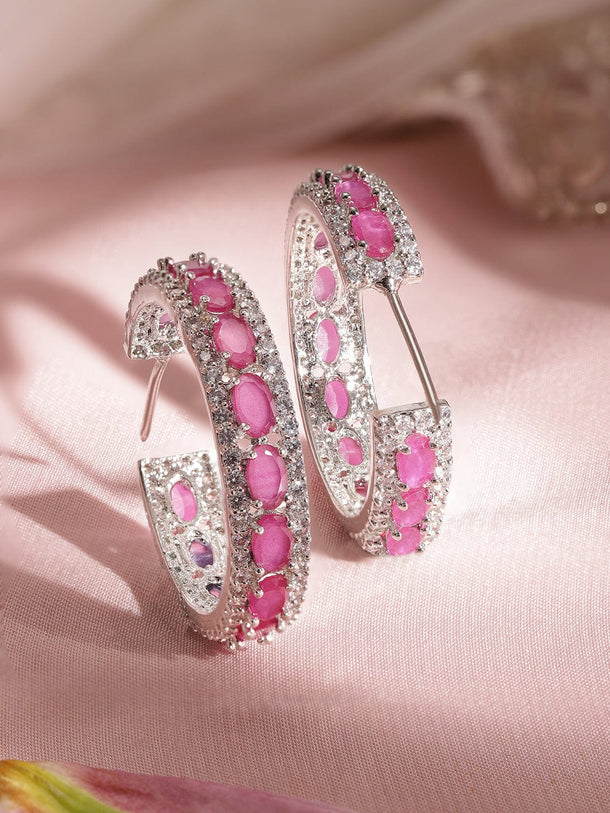 Rhodium Plated Oval Ruby Crystal Zirconia Chick Demi - Fine Hoop Earrings Earrings