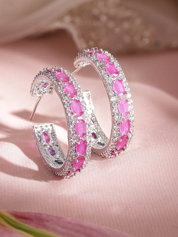 Rhodium Plated Oval Ruby Crystal Zirconia Chick Demi - Fine Hoop Earrings Earrings