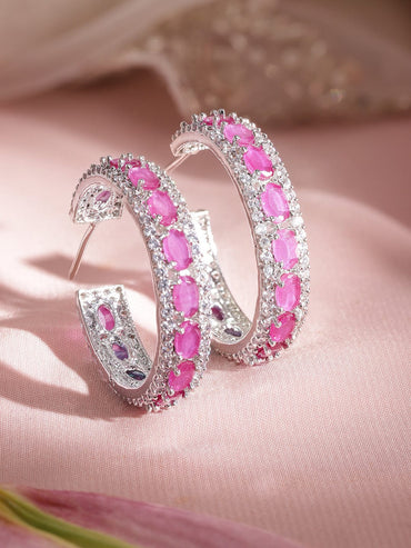 Rhodium Plated Oval Ruby Crystal Zirconia Chick Demi - Fine Hoop Earrings Earrings