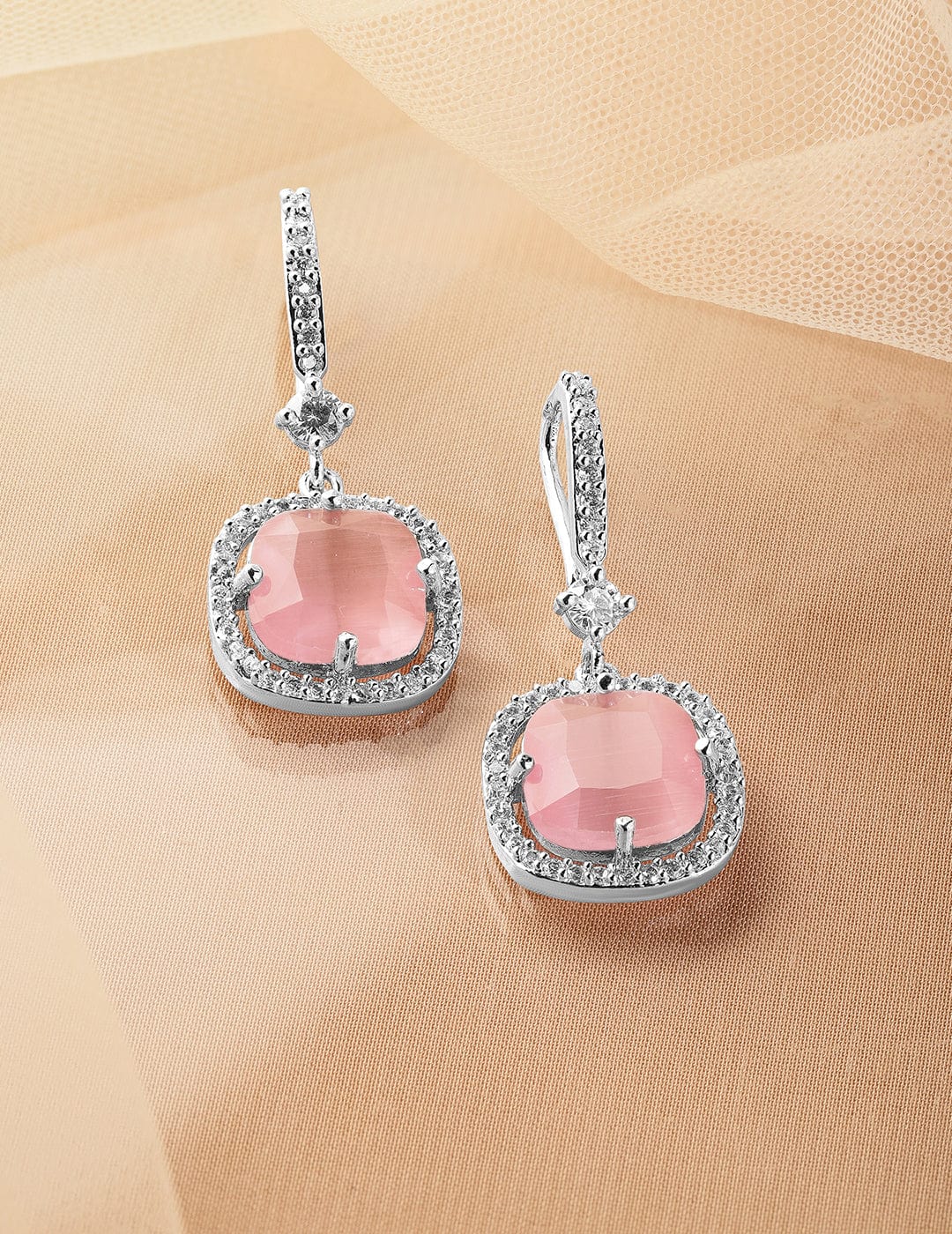 Rhodium Plated Pastel Pink & Cubic Zirconia Studded Premium Drop Earrings Drop Earrings