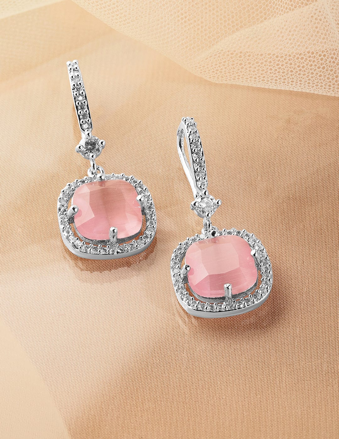 Rhodium Plated Pastel Pink & Cubic Zirconia Studded Premium Drop Earrings Drop Earrings