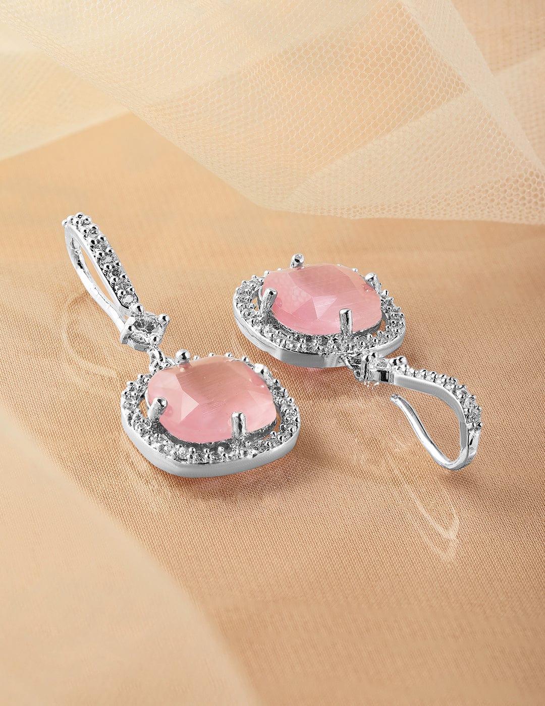 Rhodium Plated Pastel Pink & Cubic Zirconia Studded Premium Drop Earrings Drop Earrings