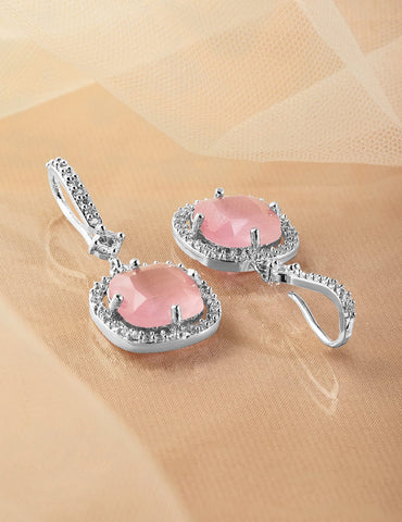 Rhodium Plated Pastel Pink & Cubic Zirconia Studded Premium Drop Earrings Drop Earrings