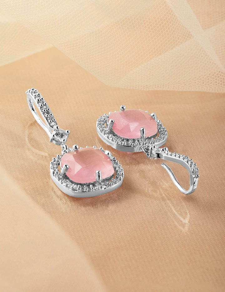 Rhodium Plated Pastel Pink & Cubic Zirconia Studded Premium Drop Earrings Drop Earrings