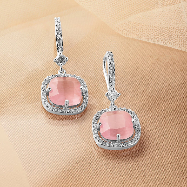 Rhodium Plated Pastel Pink & Cubic Zirconia Studded Premium Drop Earrings Drop Earrings