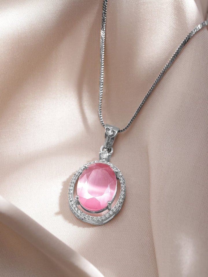 Rhodium-Plated Pastel Pink & CZ Studded Oval Pendant Necklace Set Necklaces, Necklace Sets, Chains & Mangalsutra