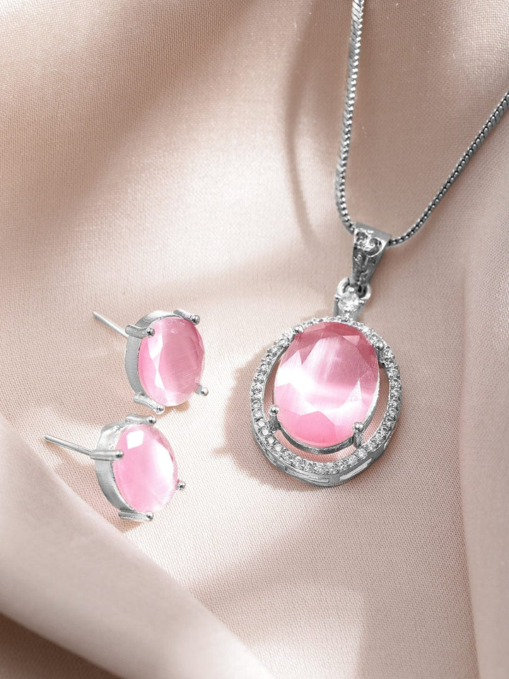 Rhodium-Plated Pastel Pink & CZ Studded Oval Pendant Necklace Set Necklaces, Necklace Sets, Chains & Mangalsutra