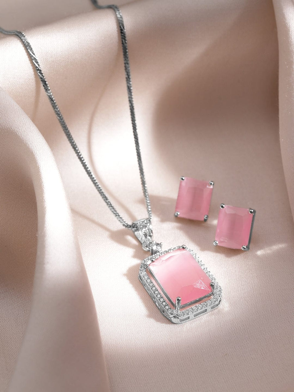 Rhodium-Plated Pastel Pink & CZ Studded Pendant Necklace Set Necklaces, Necklace Sets, Chains & Mangalsutra