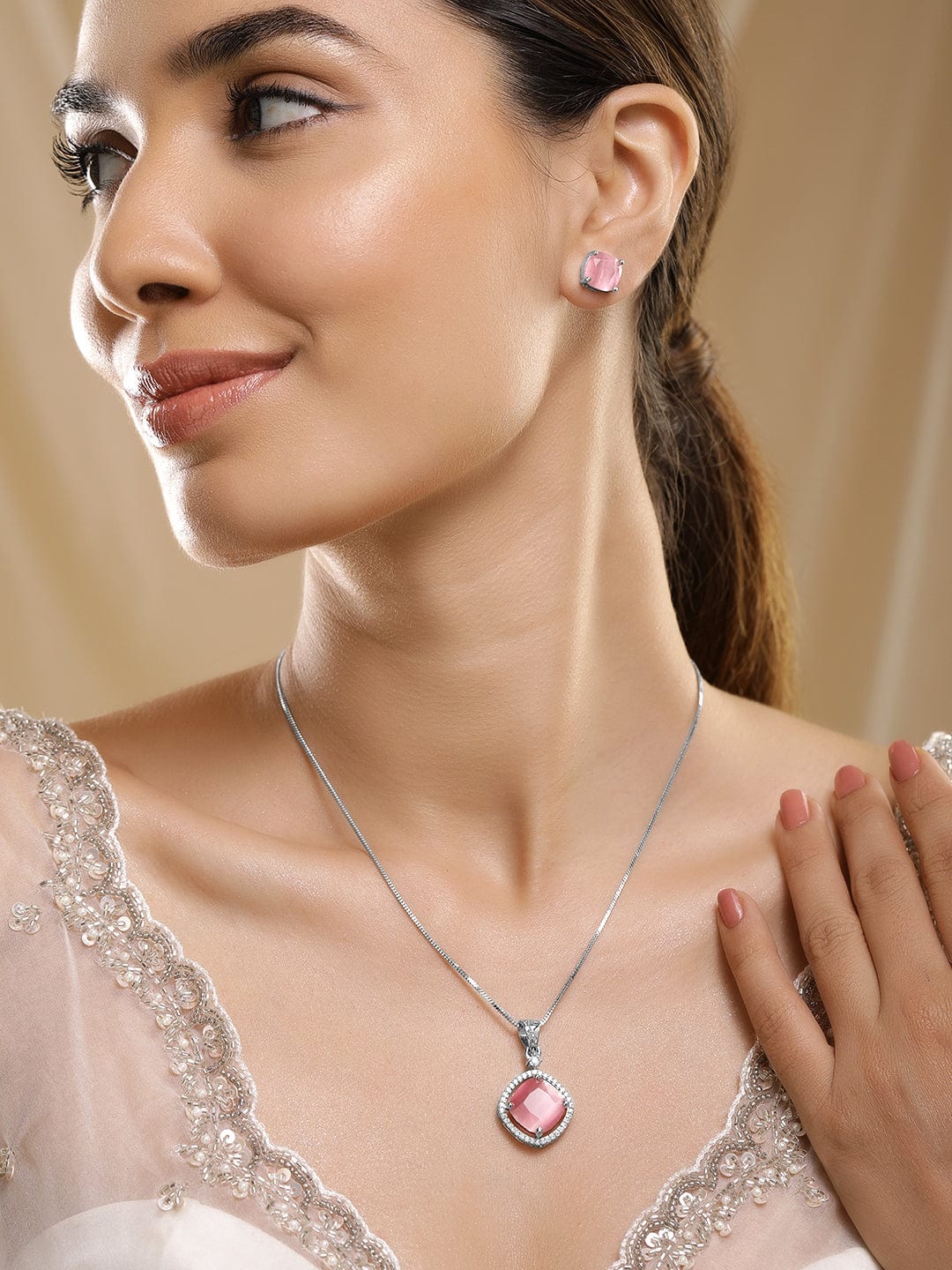 Rhodium-Plated Pastel Pink Stone & CZ Studded Pendant Necklace Set Necklaces, Necklace Sets, Chains & Mangalsutra