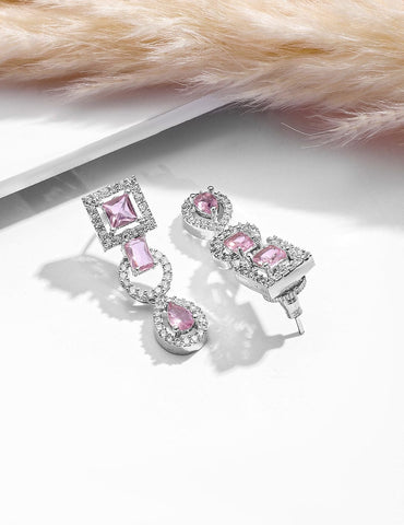 Rhodium-Plated Pastel Pink & Teardrop Cubic Zirconia Studded Premium Jewellery Set Jewellery Set