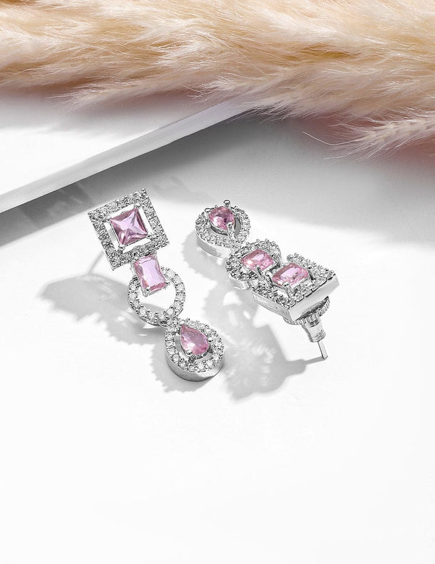 Rhodium-Plated Pastel Pink & Teardrop Cubic Zirconia Studded Premium Jewellery Set Jewellery Set