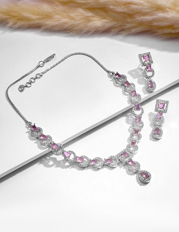 Rhodium-Plated Pastel Pink & Teardrop Cubic Zirconia Studded Premium Jewellery Set Jewellery Set