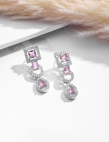 Rhodium-Plated Pastel Pink & Teardrop Cubic Zirconia Studded Premium Jewellery Set Jewellery Set
