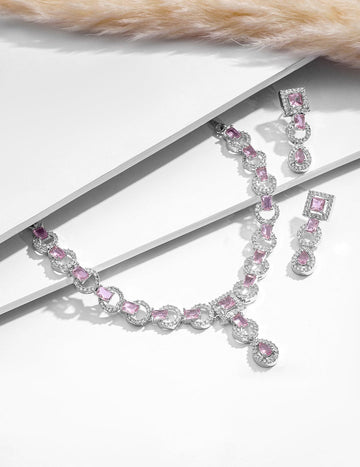 Rhodium-Plated Pastel Pink & Teardrop Cubic Zirconia Studded Premium Jewellery Set Jewellery Set