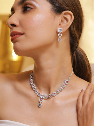 Rhodium-Plated Pastel Pink & Teardrop Cubic Zirconia Studded Premium Jewellery Set Jewellery Set