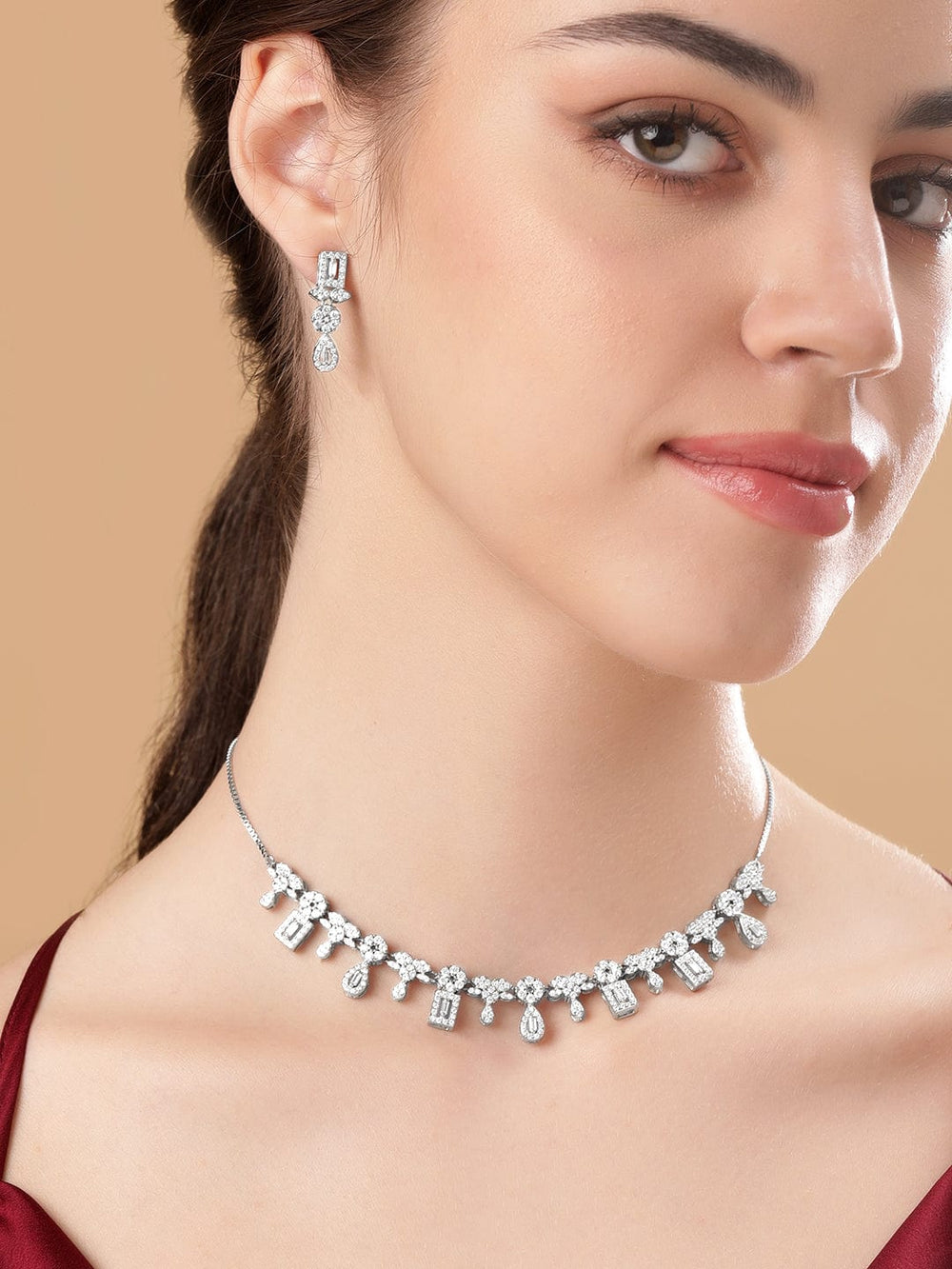 Rhodium plated Pave crystal Zirconia Necklace Set Necklaces, Necklace Sets, Chains & Mangalsutra