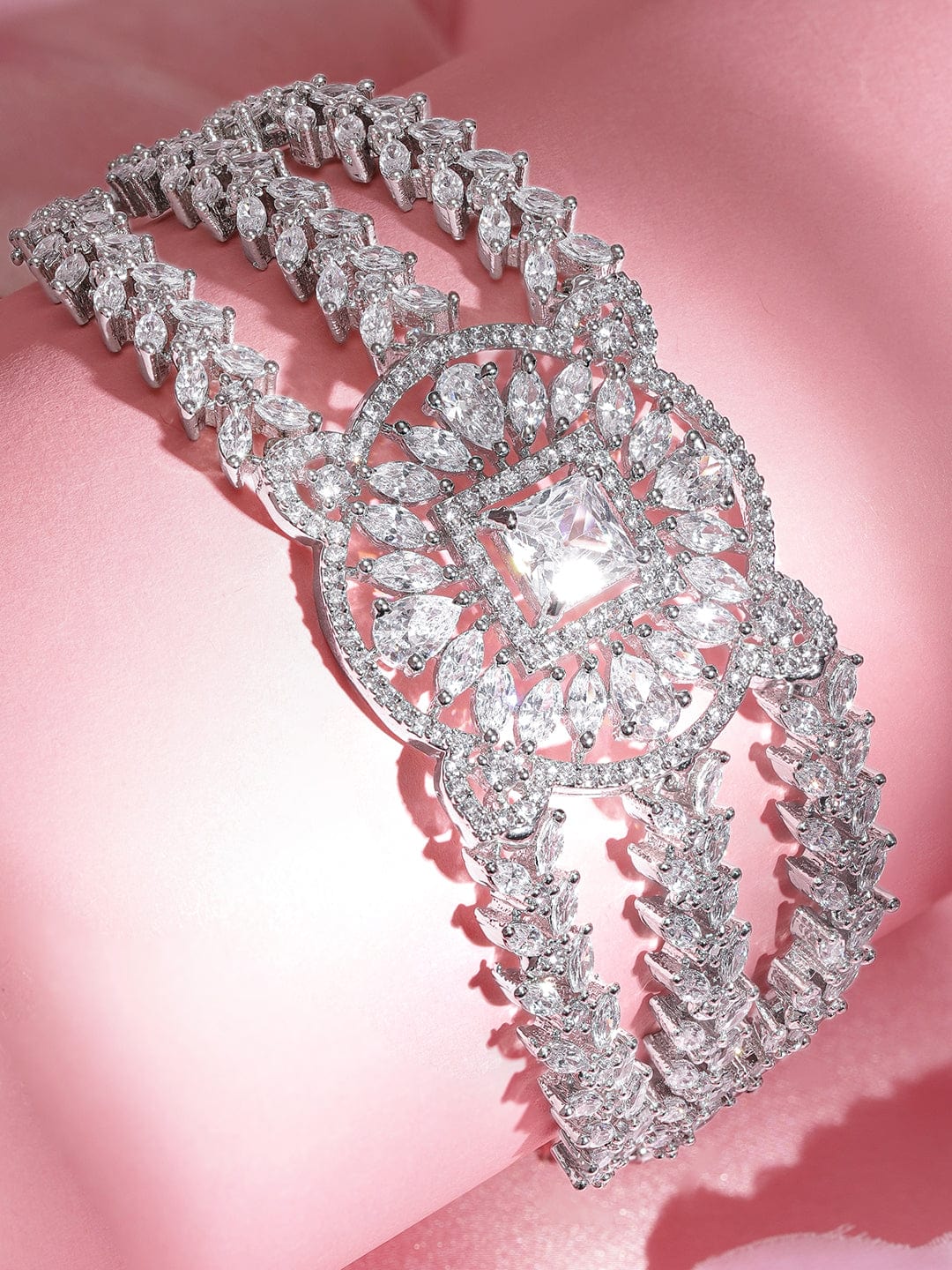 Rhodium plated Pave Zirconia Studded Tri layer Chain Bracelet Bangles & Bracelets