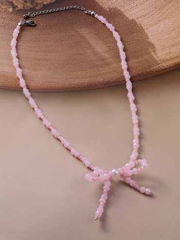 Rhodium Plated Pink Bead Necklace with Bow Pendant Necklace