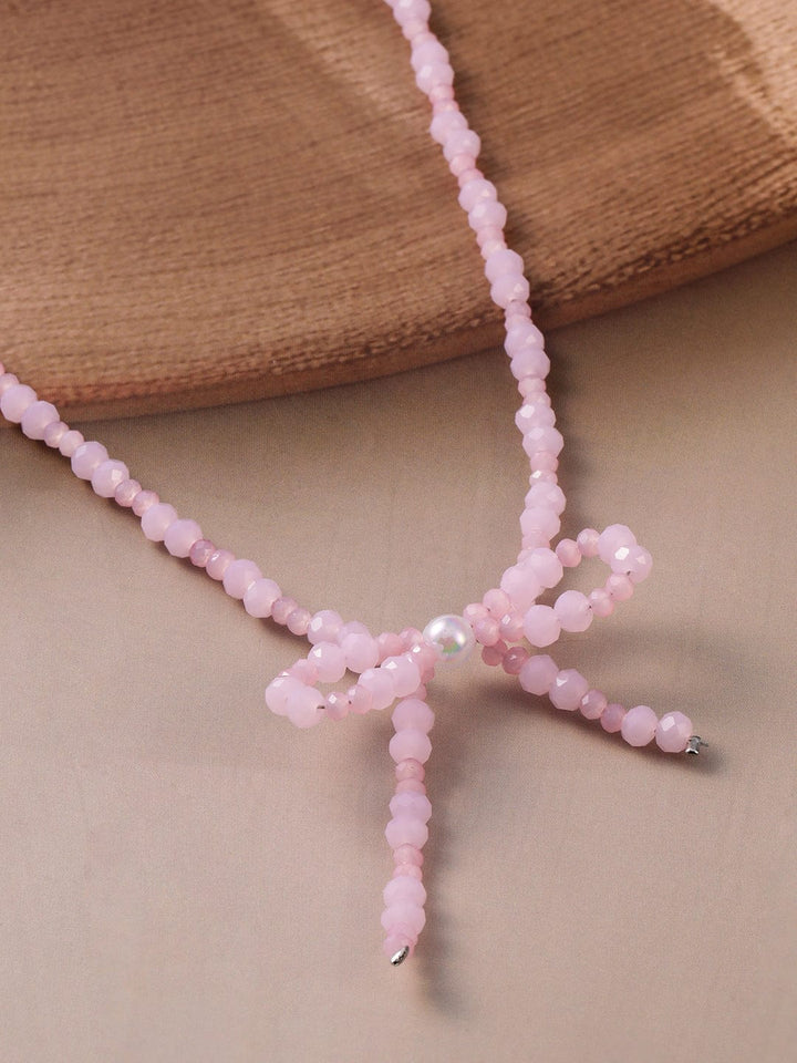 Rhodium Plated Pink Bead Necklace with Bow Pendant Necklace