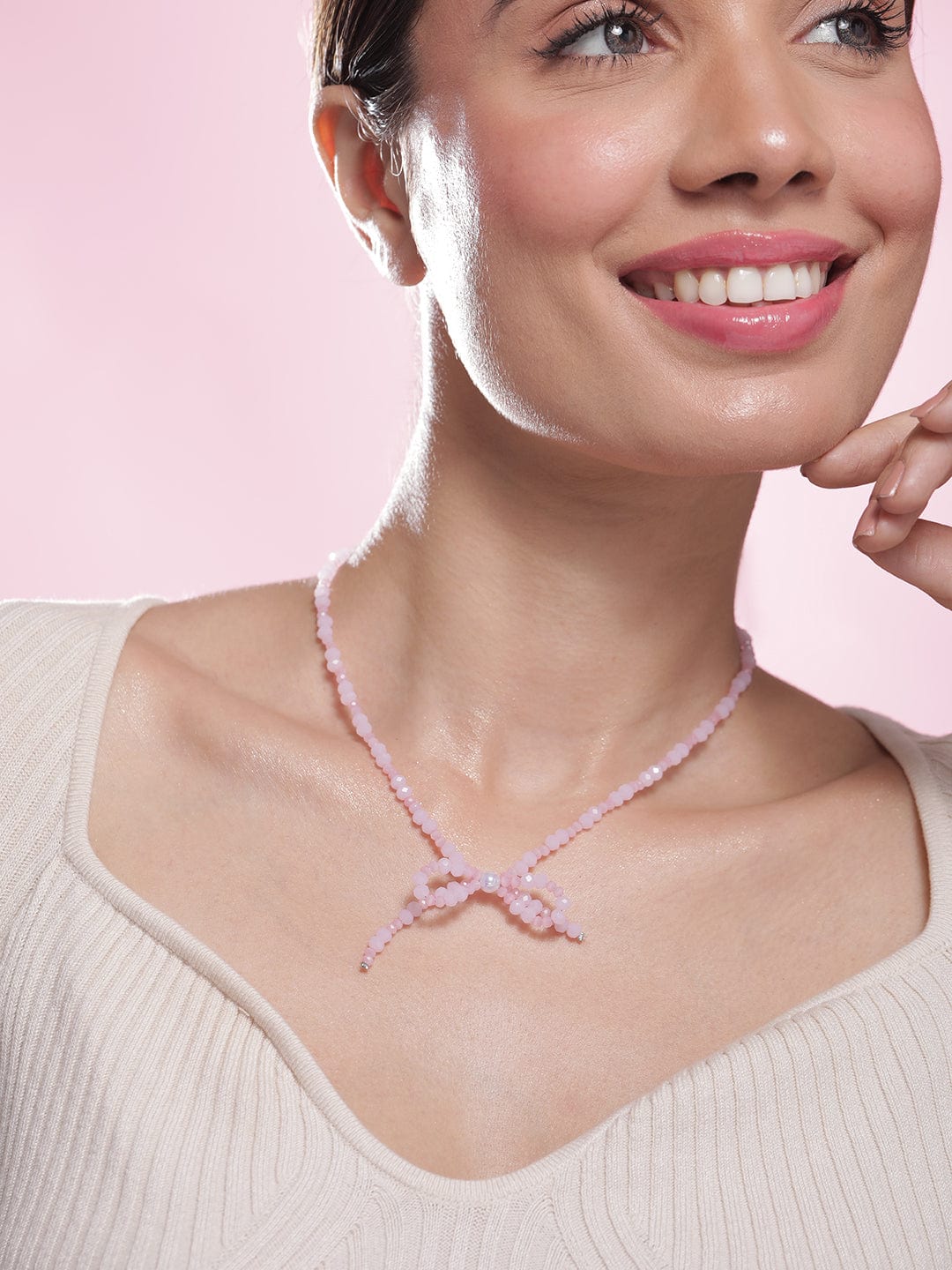 Rhodium Plated Pink Bead Necklace with Bow Pendant Necklace