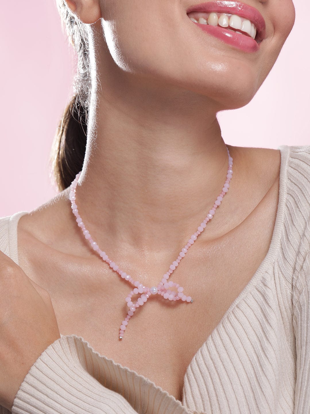 Rhodium Plated Pink Bead Necklace with Bow Pendant Necklace