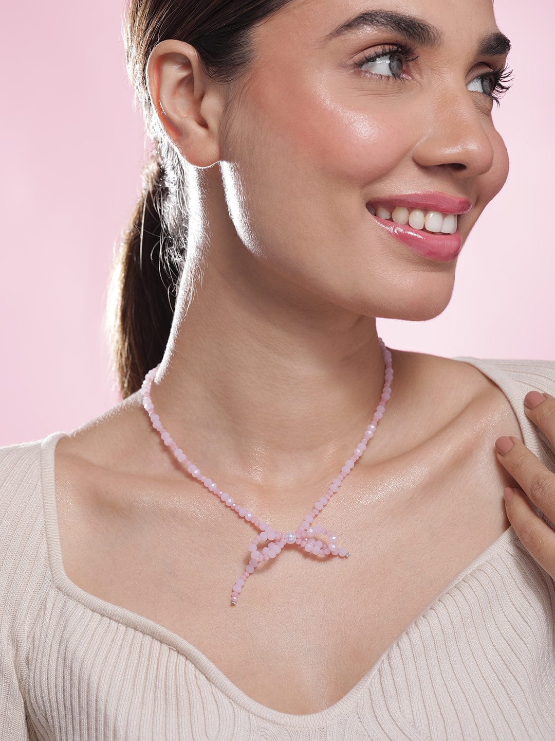 Rhodium Plated Pink Bead Necklace with Bow Pendant Necklace