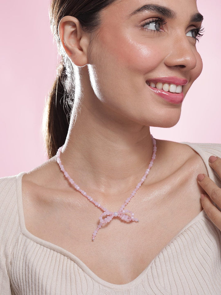 Rhodium Plated Pink Bead Necklace with Bow Pendant Necklace