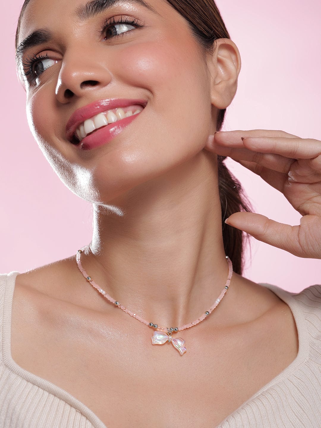 Rhodium Plated Pink Beaded Necklace with Iridescent Butterfly Bow Pendant Necklace and Chains