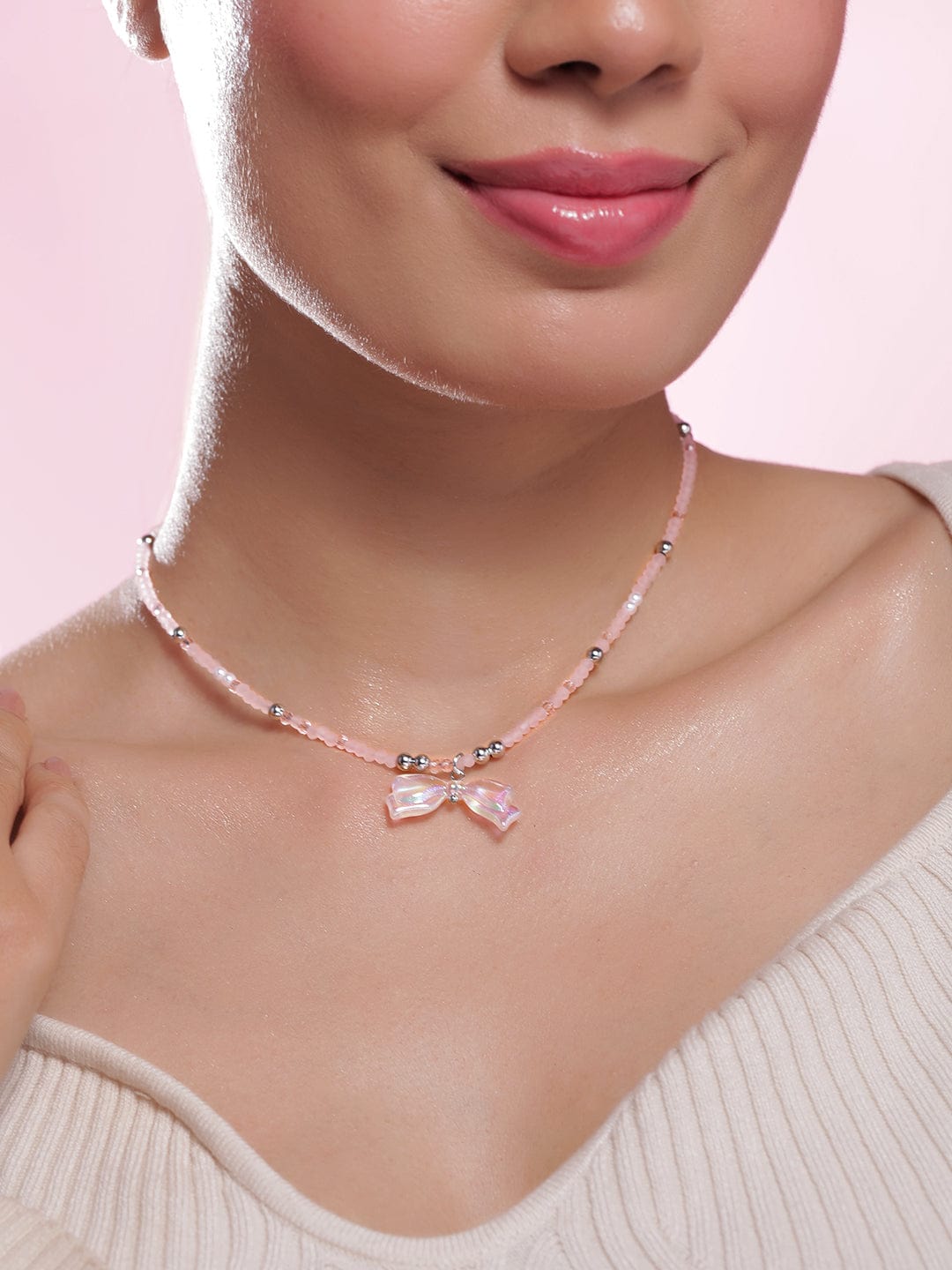 Rhodium Plated Pink Beaded Necklace with Iridescent Butterfly Bow Pendant Necklace and Chains