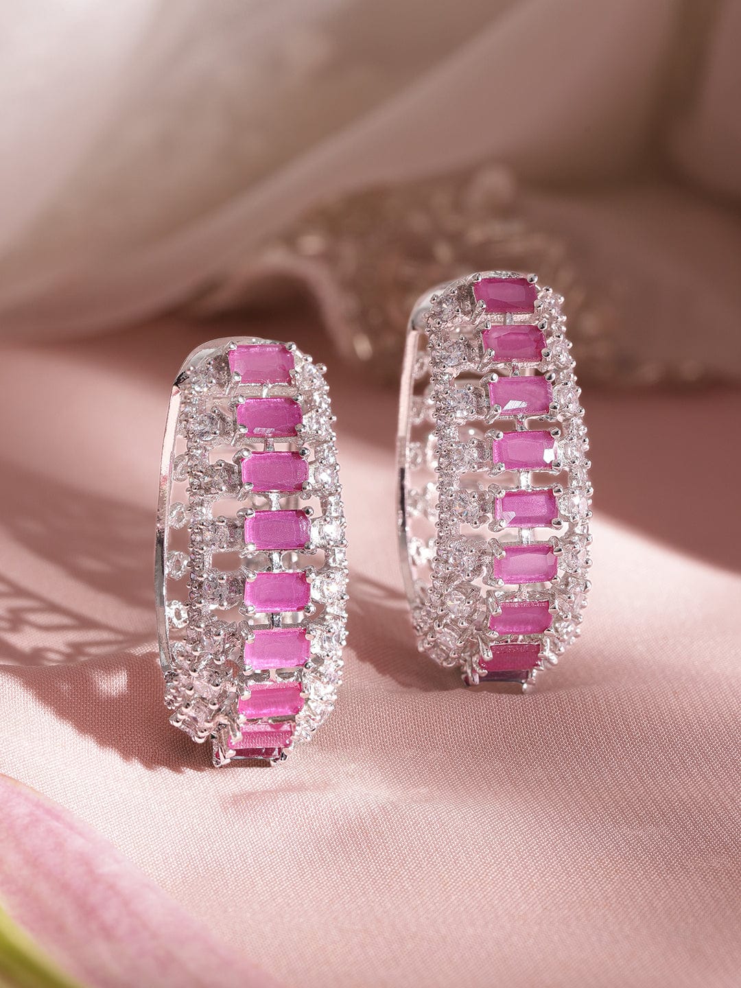 Rhodium plated Pink Sapphire Baguette Crystal Zirconia Statement Demi-Fine Hoop Earrings Earrings
