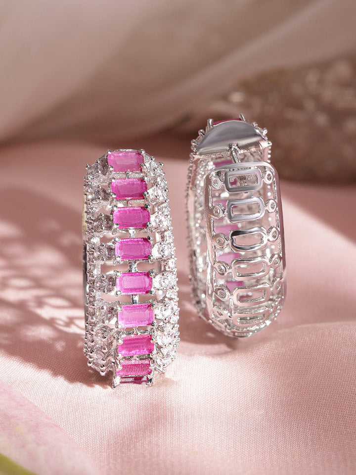 Rhodium plated Pink Sapphire Baguette Crystal Zirconia Statement Demi-Fine Hoop Earrings Earrings