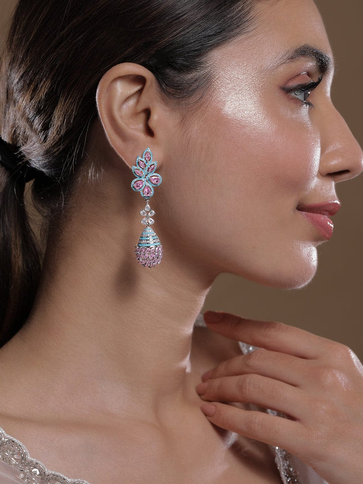 Rhodium-Plated Pink & Turquoise Blue AD & Cubic Zirconia Studded Leaf & Teardrop Earrings Drop Earrings