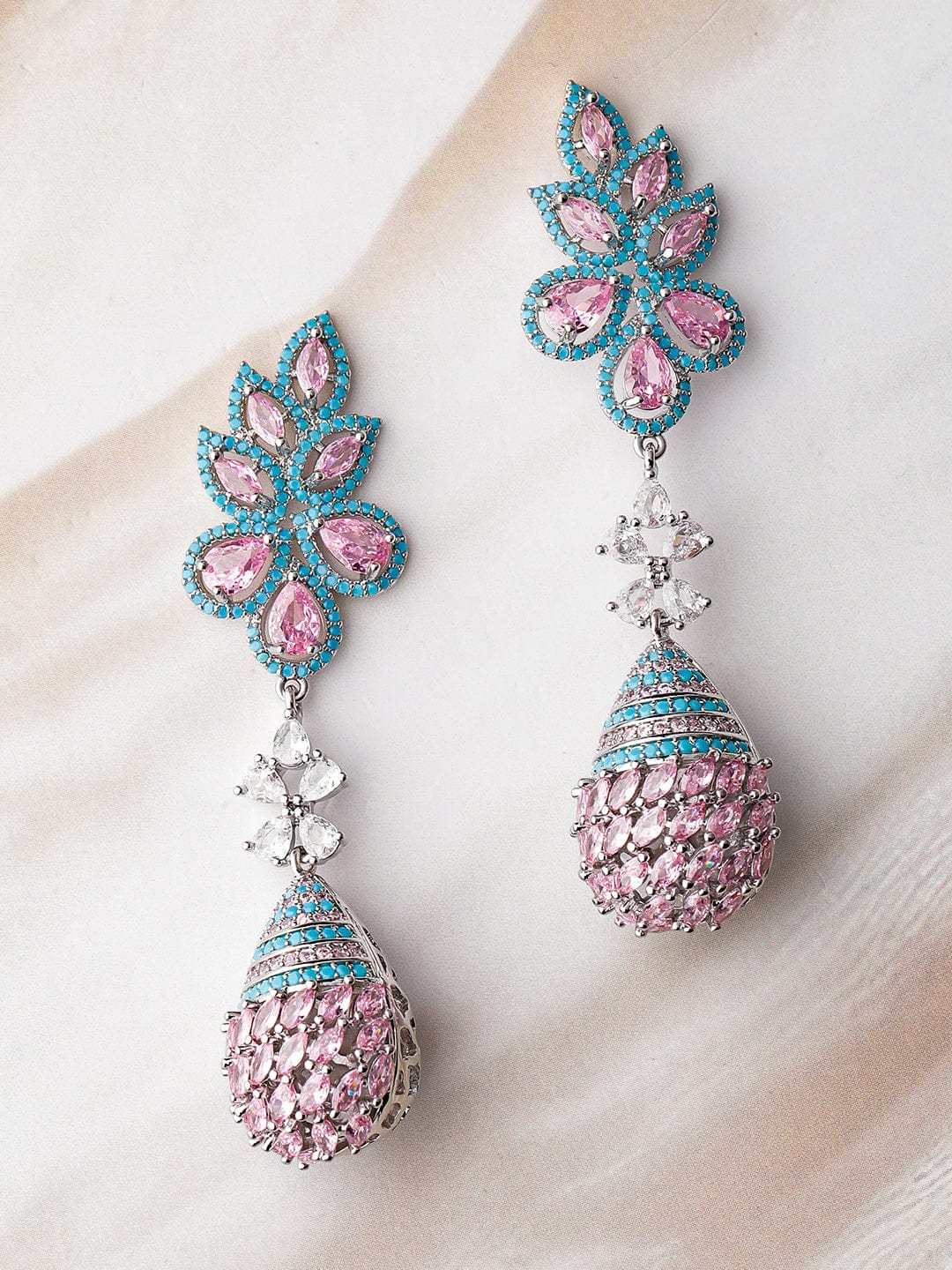 Rhodium-Plated Pink & Turquoise Blue AD & Cubic Zirconia Studded Leaf & Teardrop Earrings Drop Earrings