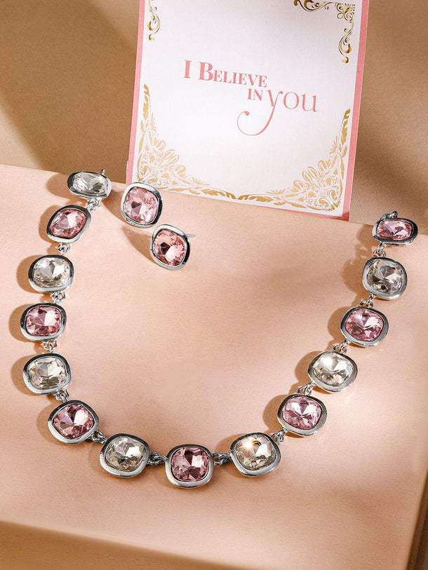Rhodium Plated Pink & White Cubic Zirconia Studded Statement Necklace Set Necklace Set