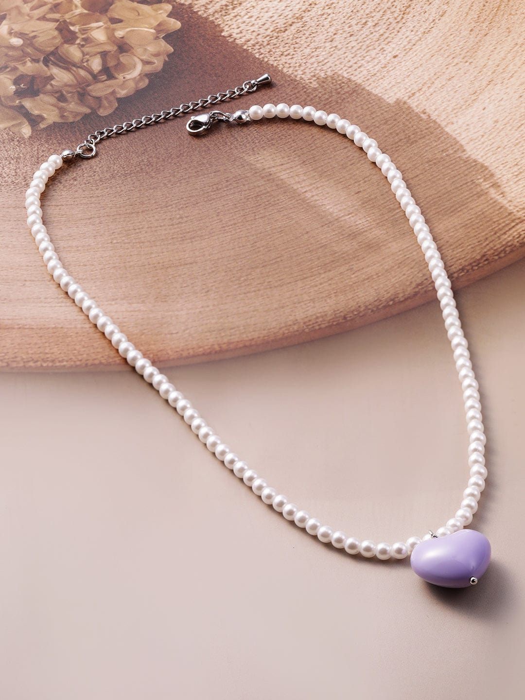 Rhodium Plated Purple Colored Heart Pendant with White Pearls Necklace Necklace