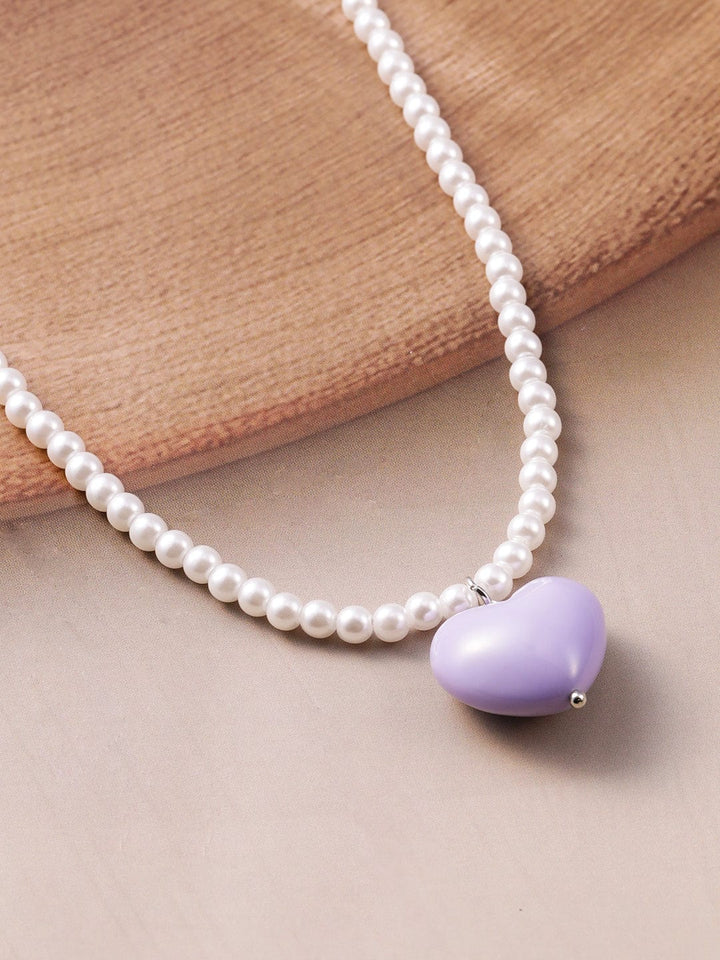 Rhodium Plated Purple Colored Heart Pendant with White Pearls Necklace Necklace