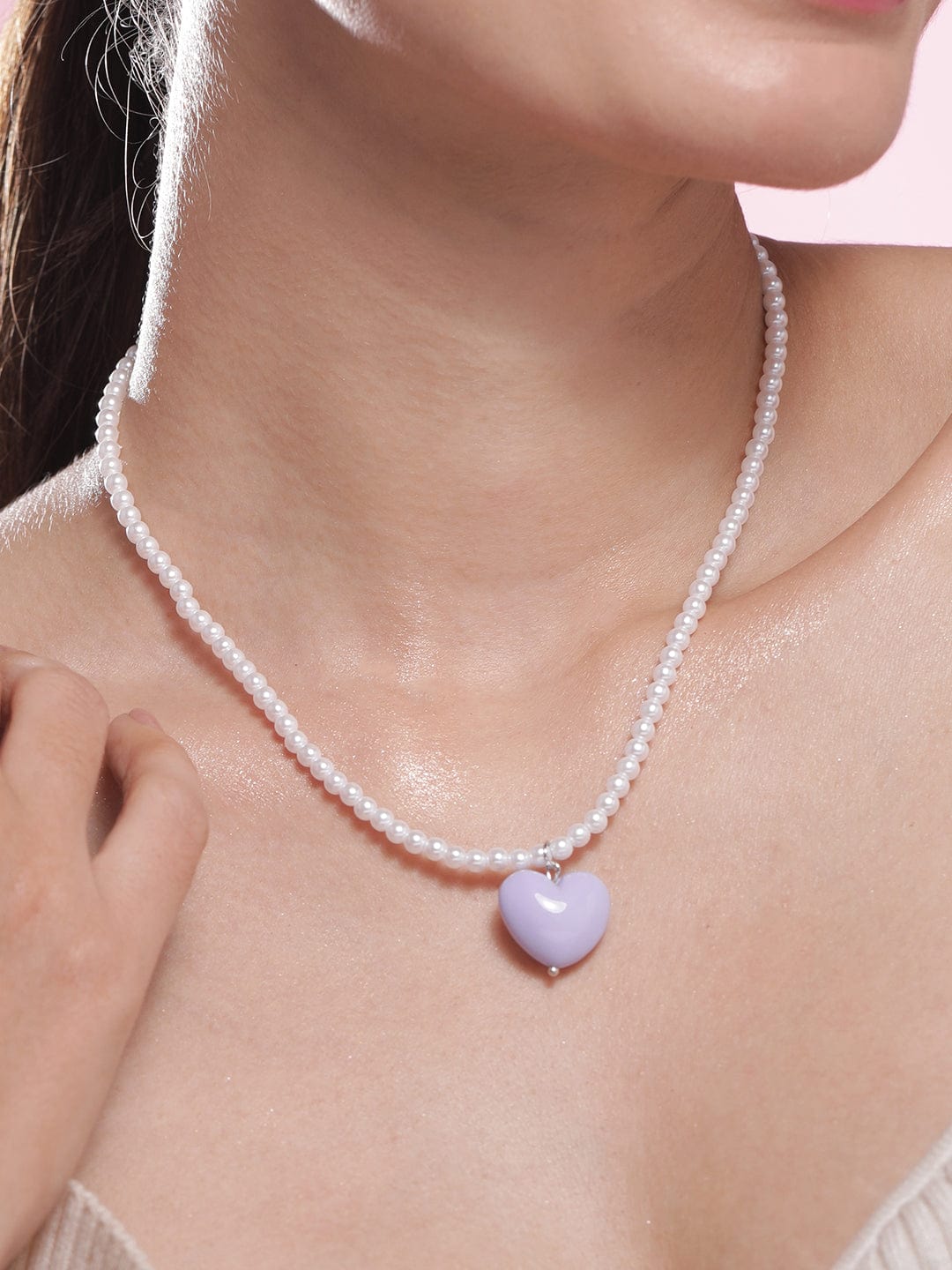 Rhodium Plated Purple Colored Heart Pendant with White Pearls Necklace Necklace