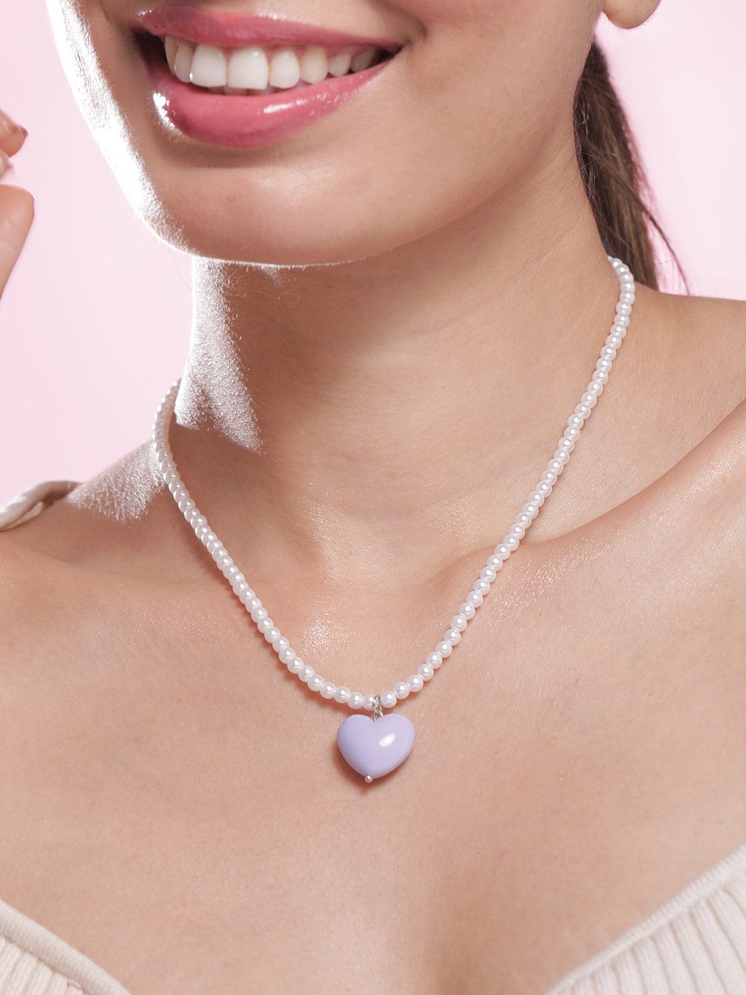 Rhodium Plated Purple Colored Heart Pendant with White Pearls Necklace Necklace