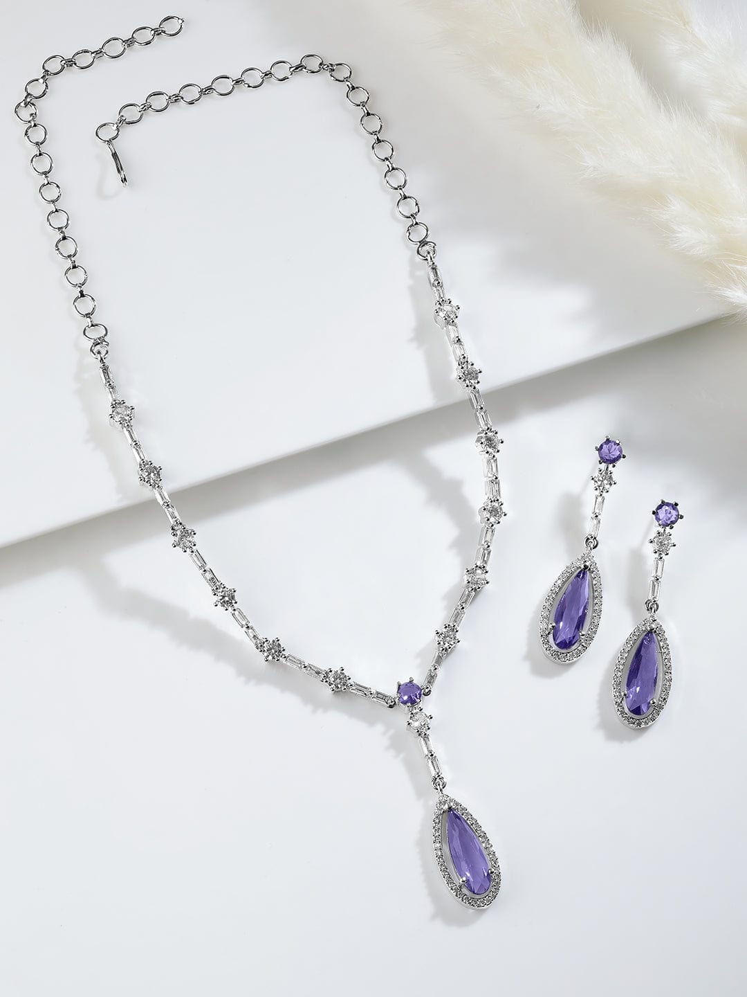 Rhodium Plated Purple Sapphire Teardrop Pendant Necklace Set with AD & Cubic Zirconia Pendant and Earrings