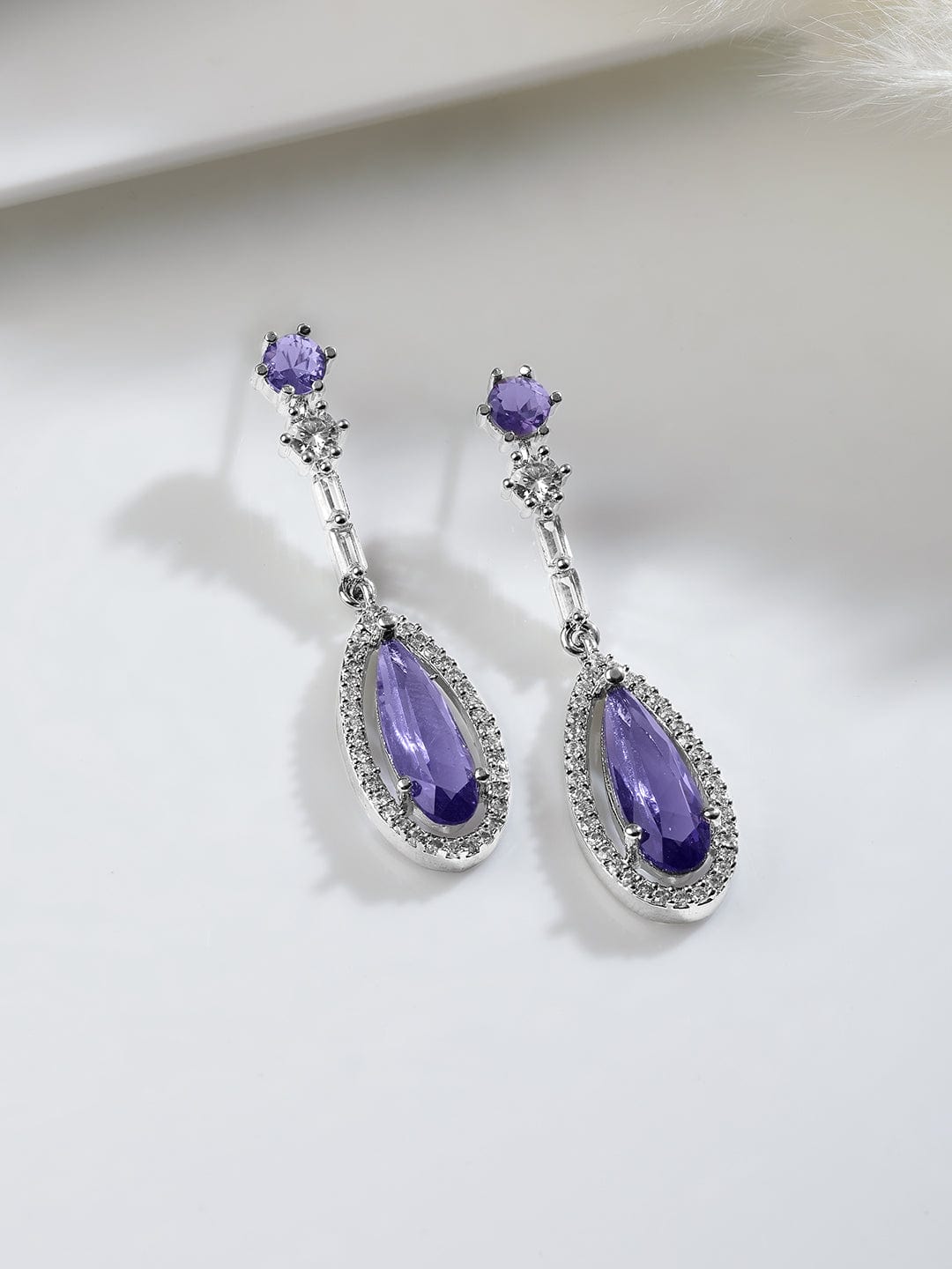 Rhodium Plated Purple Sapphire Teardrop Pendant Necklace Set with AD & Cubic Zirconia Pendant and Earrings