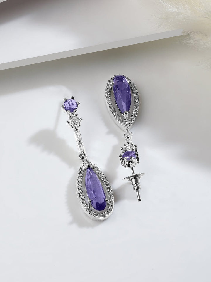 Rhodium Plated Purple Sapphire Teardrop Pendant Necklace Set with AD & Cubic Zirconia Pendant and Earrings