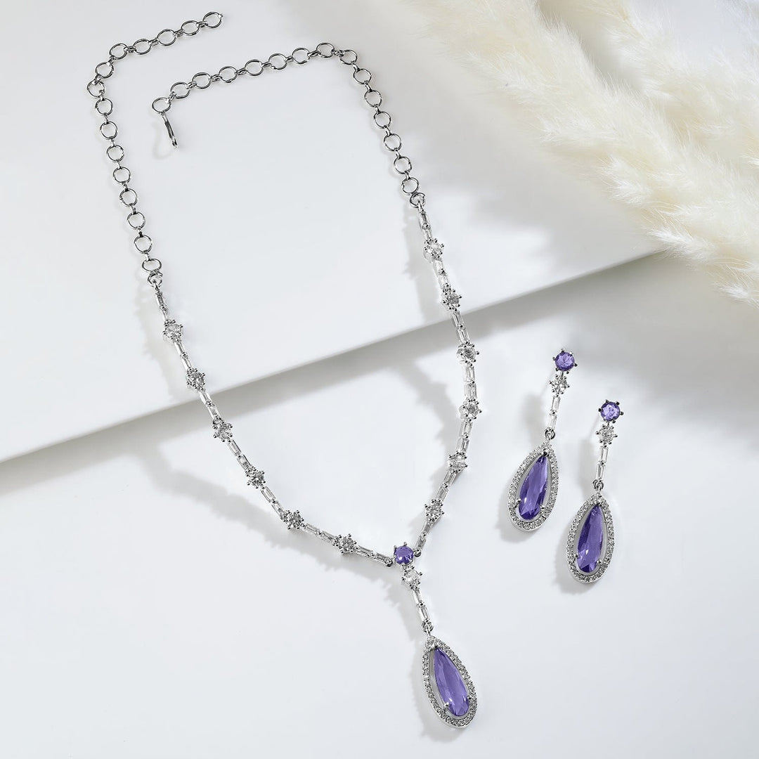 Rhodium Plated Purple Sapphire Teardrop Pendant Necklace Set with AD & Cubic Zirconia Pendant and Earrings