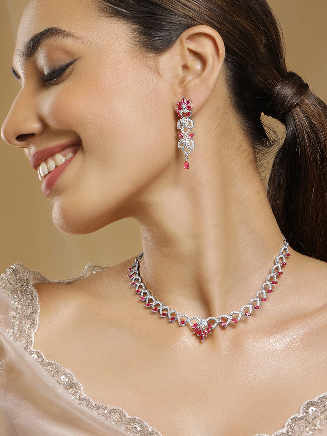 Rhodium Plated Ruby & Cubic Zirconia Studded Floral Link Jewellery Set Jewellery Set