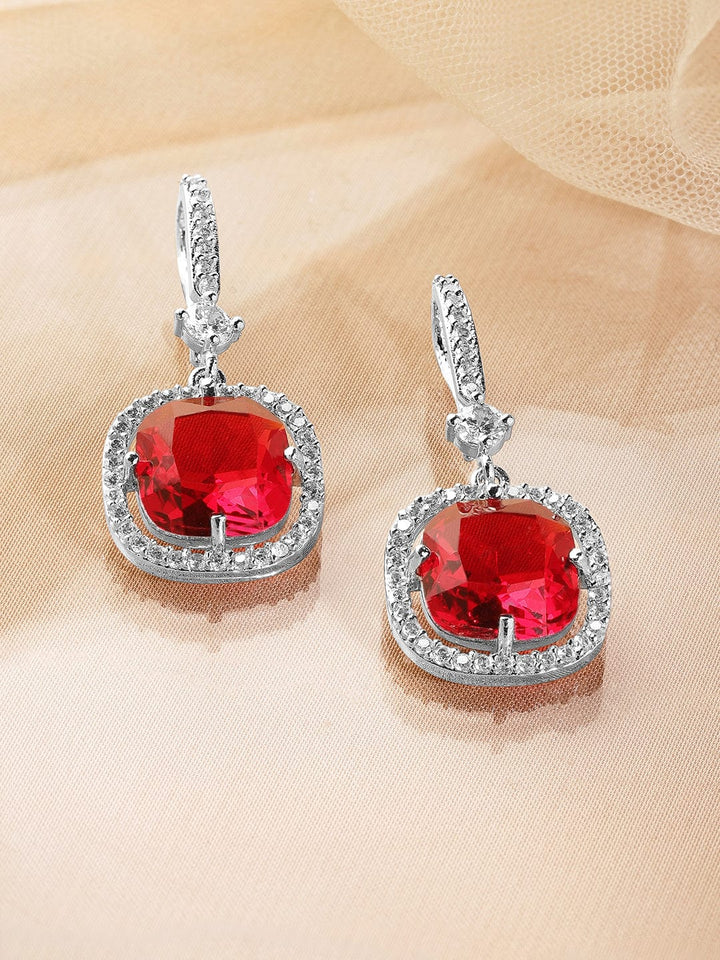 Rhodium Plated Ruby & Cubic Zirconia Studded Premium Drop Earrings Drop Earrings