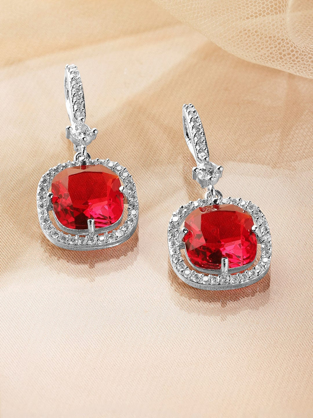 Rhodium Plated Ruby & Cubic Zirconia Studded Premium Drop Earrings Drop Earrings