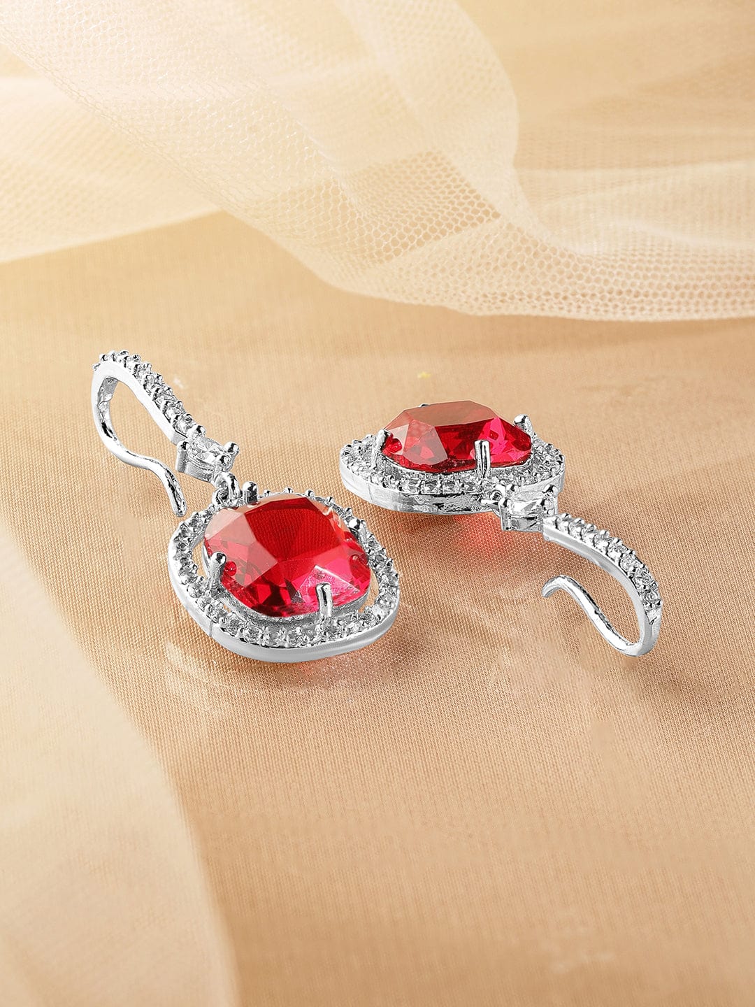 Rhodium Plated Ruby & Cubic Zirconia Studded Premium Drop Earrings Drop Earrings