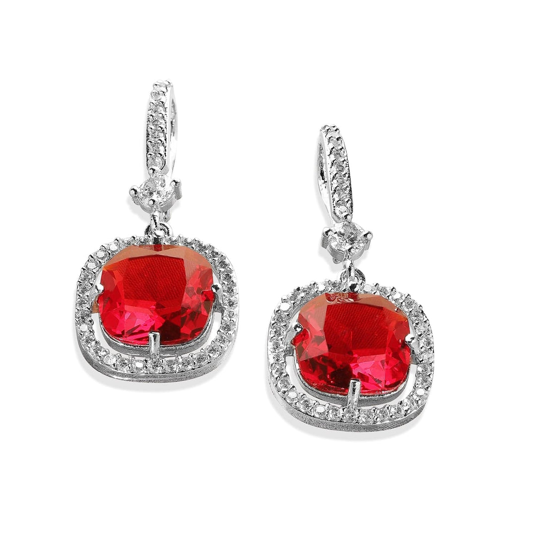 Rhodium Plated Ruby & Cubic Zirconia Studded Premium Drop Earrings Drop Earrings