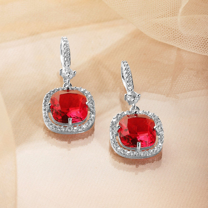 Rhodium Plated Ruby & Cubic Zirconia Studded Premium Drop Earrings Drop Earrings