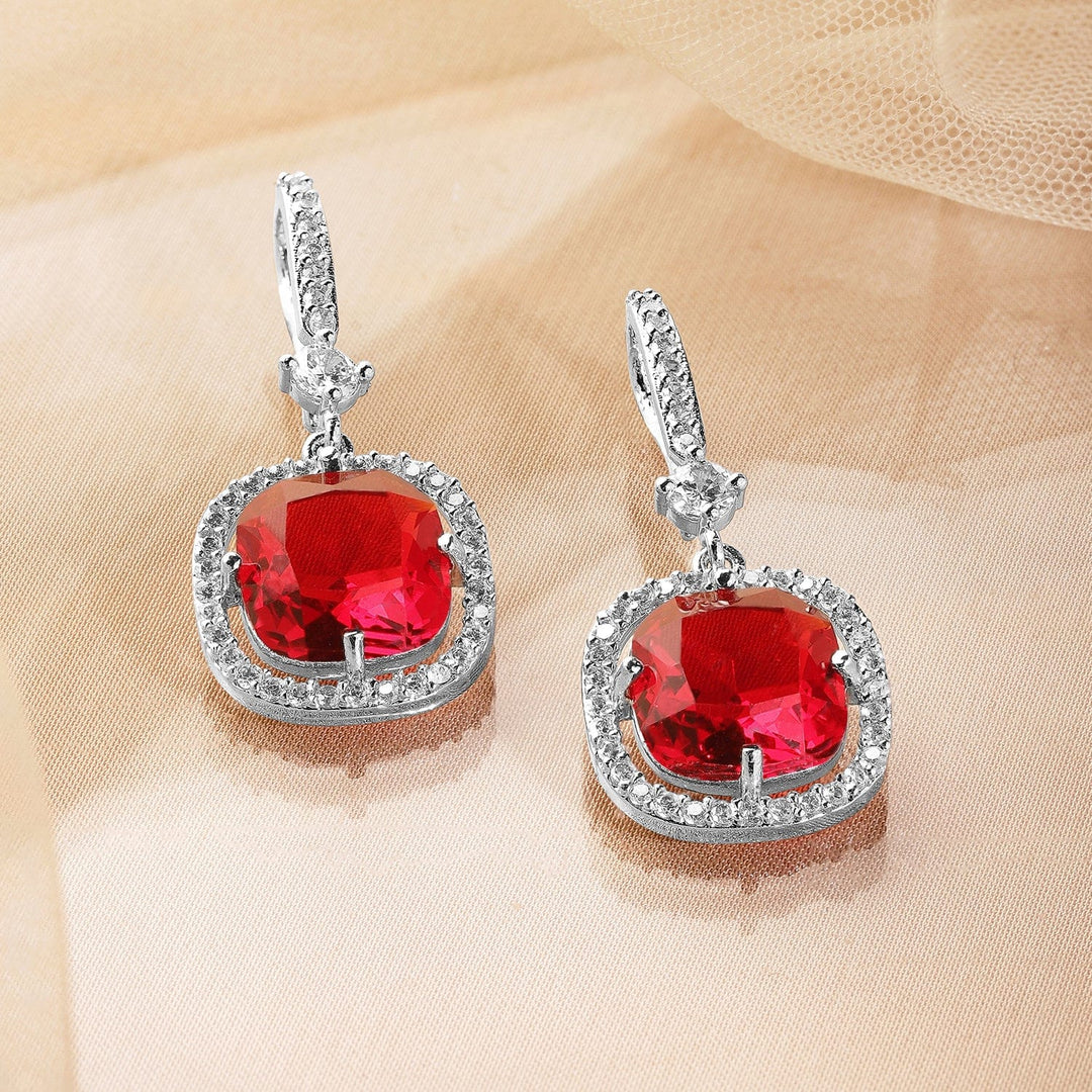 Rhodium Plated Ruby & Cubic Zirconia Studded Premium Drop Earrings Drop Earrings