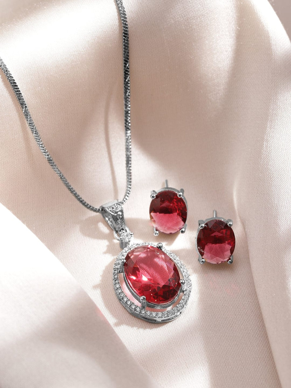 Rhodium-Plated Ruby & CZ Studded Oval Pendant Necklace Set Necklaces, Necklace Sets, Chains & Mangalsutra